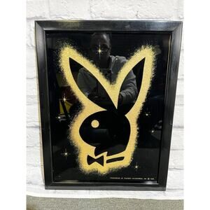 Vintage 1986 Playboy Enterprises Framed Print Gold Glitter Bunny Logo Black